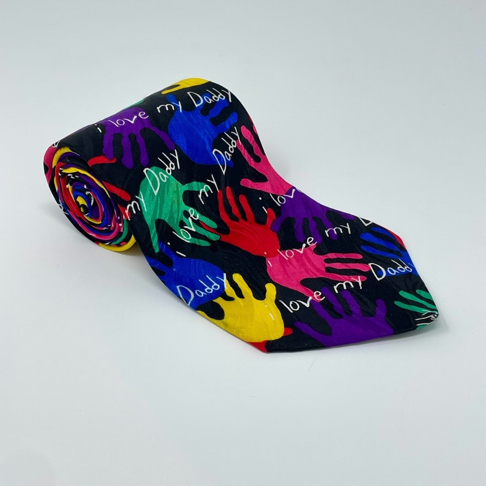 RM Style Tie Black Motif/Handprint 'i love my daddy' Silk Vintage Men's Necktie